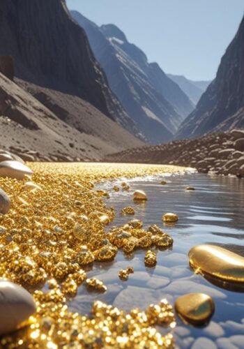 7 relizar una imagen con oro y piedras de forma natural y en el cauce del rio con montañas